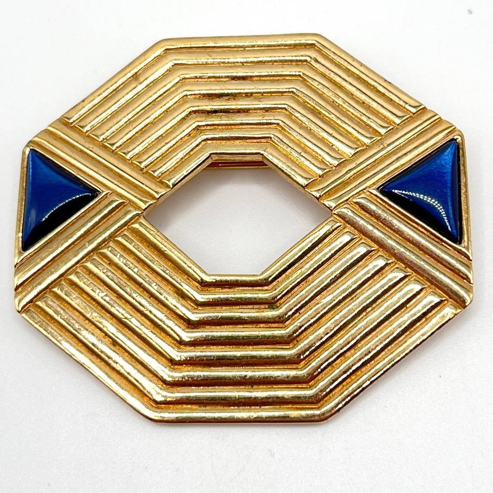 Vintage Avon GALLERY ORIGINALS Geometric Deco Gold Tone Blue Cabochon Brooch